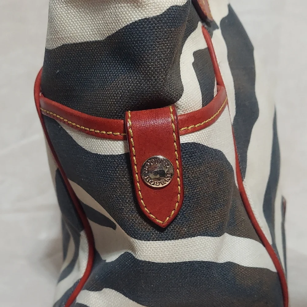 Dooney & Bourke Zebra Canvas Tote Bag Red Leather Trim Safari Large READ DESC